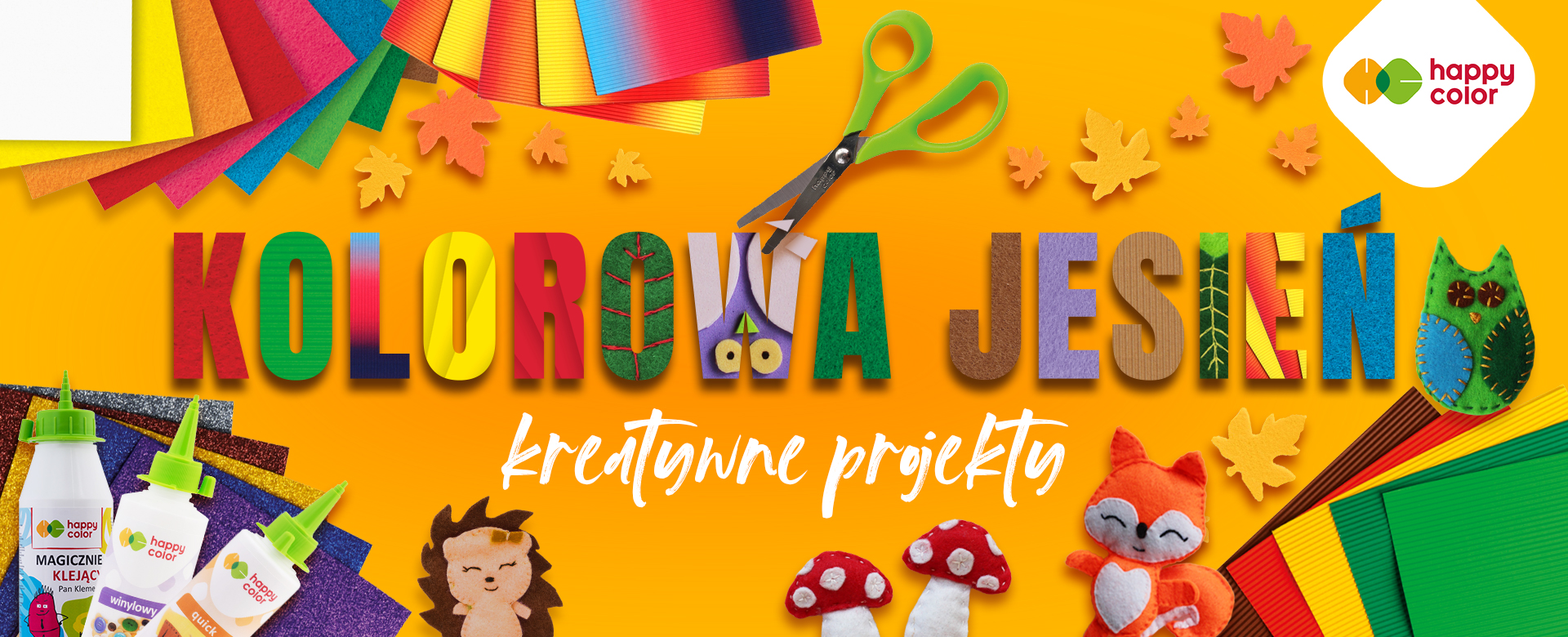 Kreatywne jesienne dekoracje DIY z HAPPY COLOR! Filc, pianki, kleje, bibuła – idealne materiały na jesienne projekty rękodzielnicze. Stwórz coś wyjątkowego już dziś!