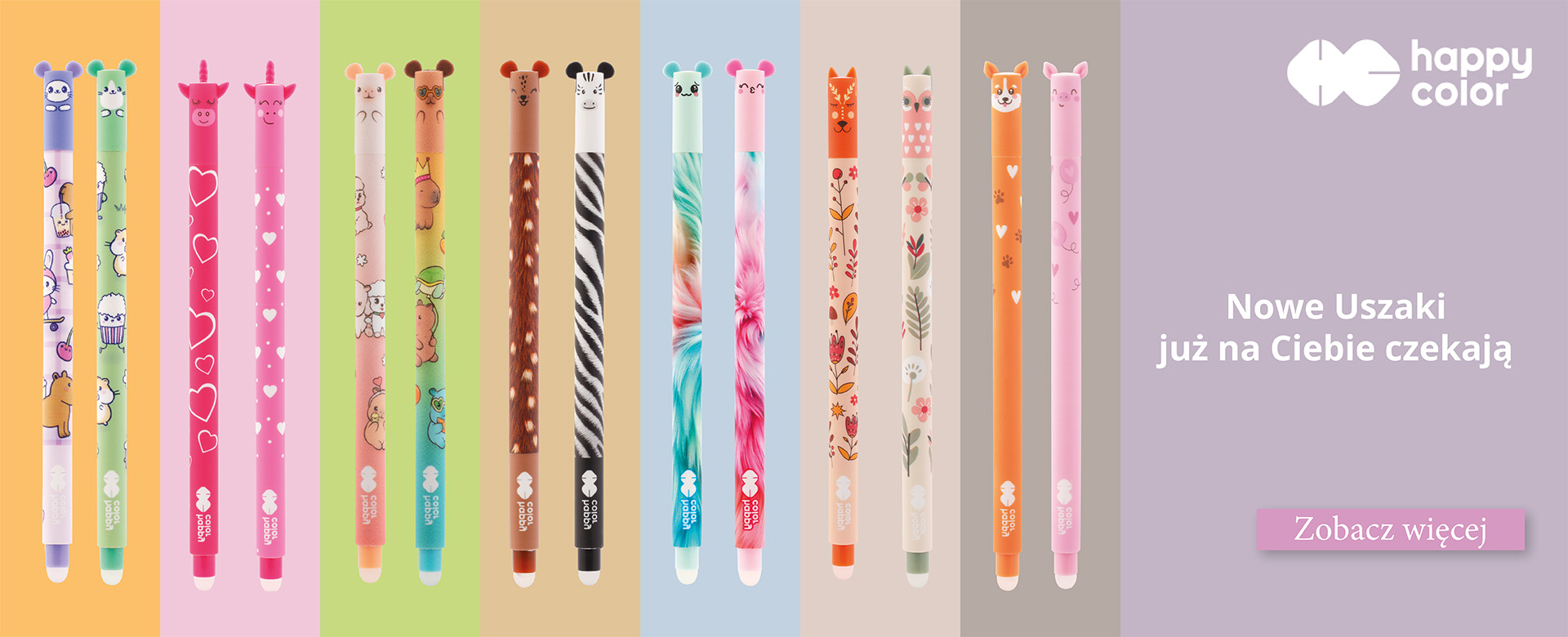 Banner prezentujący wymazywalne długopisy Happy Color „Uszaki” z wymiennymi wkładami. Kolorowe wzory zwierząt — panda, lama, królik, sarna, zebra, lis, sowa i inne — każdy z charakterystycznymi uszkami.