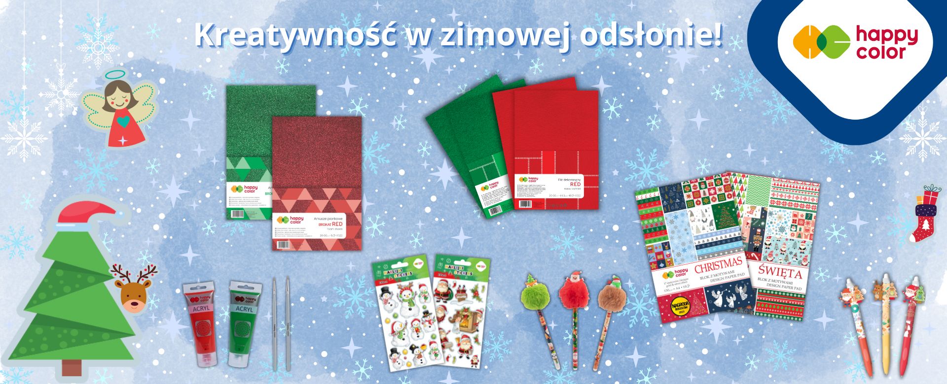 Kreatywne materiały plastyczne Happy Color w zimowej odsłonie – brokatowe arkusze, filc, farby akrylowe, świąteczne naklejki, bloki kreatywne i długopisy ozdobne na zimowym tle.